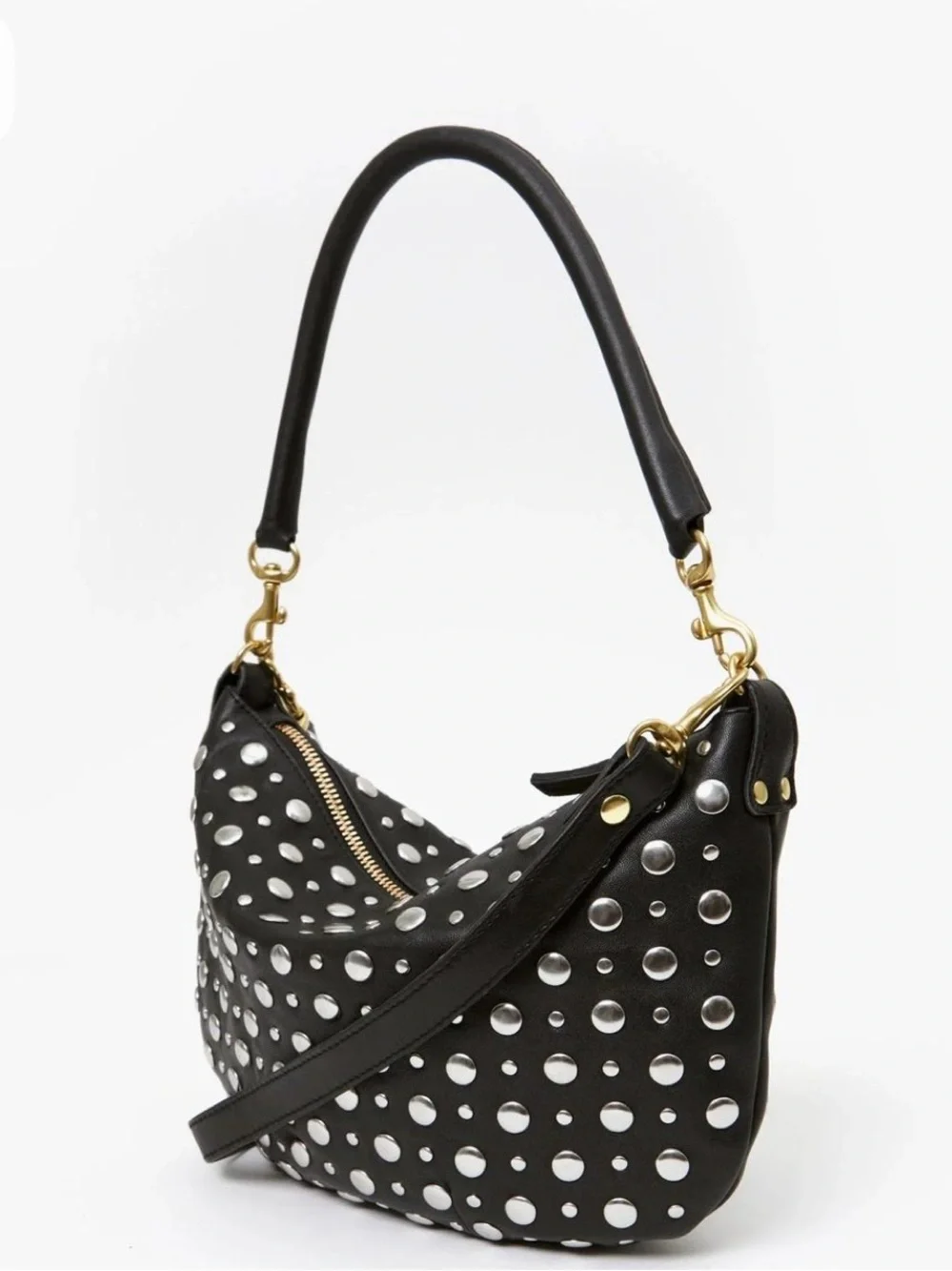 Clare V Black Leather Shoulder Bag with Silver Studs